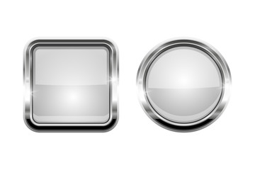 White shiny buttons. Round and square glass web icons with chrome frame