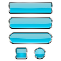 Blue shiny buttons. Round, square and oval glass web icons with chrome frame