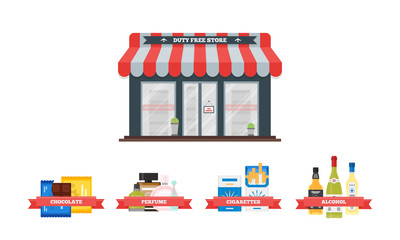Vector flat icons of Duty Free shop and goods at airport