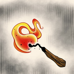 Matchstick with fire. Cartoon illustration, hand drawn style.