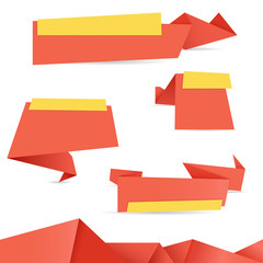 Red origami paper banners with yellow tags