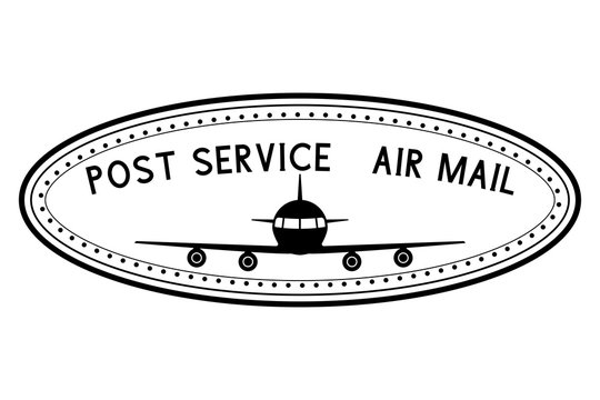 Post service air mail stamp with airplane black icon