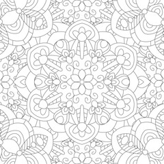 Doodles mandala seamless pattern. Adult coloring page. Black and white floral elements. Repeat pattern background. Hand drawn vector illustration.