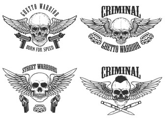 Outlaw, street warriors. Set of winged skulls with weapon. Design elements for emblem, sign, label, t-shirt. Vector illustration