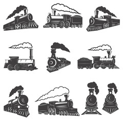 Set of vintage trains isolated on white background. Design element for label, brand mark, sign, poster. Vector illustration © liubov