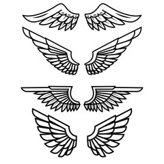 Set of the wings isolated on white background. Design elements for logo, label, emblem, sign, badge. Vector illustration