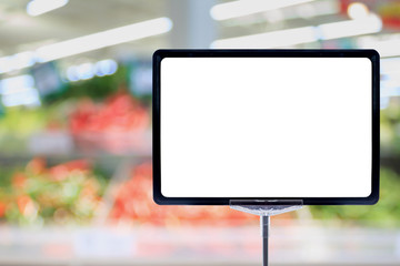 Blank price board sign display in Supermarket with fresh food abstract blurred background with...