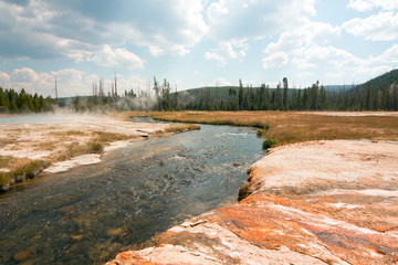 Iron Spring Creek and Cliff Geyser in Black Sand Geyser Basin in Yellowstone National Park in Wyoming United States