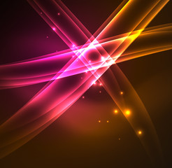 Energy lines, glowing waves in the dark, vector abstract background