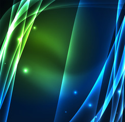 Energy lines, glowing waves in the dark, vector abstract background