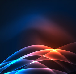 Energy lines, glowing waves in the dark, vector abstract background