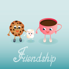 A funny Marshmallow and a chocolate chip cookie with a coffee cup. Greeting card to the Friends Day. Friendship hand lettering