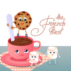 A funny Marshmallow and a chocolate chip cookie with a spoon shakes the coffee in the cup. Greeting card to the Day of Friendship. Best friends hand lettering
