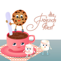 A funny Marshmallow and a chocolate chip cookie with a spoon shakes the coffee in the cup. Greeting card to the Day of Friendship. Best friends hand lettering