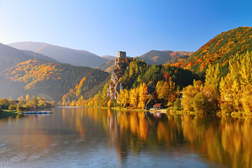 Fototapeta na wymiar Vah river in Strecno near Zilina in beautiful autumn morning , Slovakia.