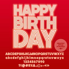 Neon bright set of Alphabet letters, Numbers and Punctuation symbols. Font contains graphic style. Vector greeting card with text Happy Birthday