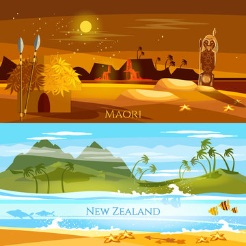 New Zealand banners. Tradition and culture New Zealand. Mountains and beach landscape, natives. Village of aboriginals Maori