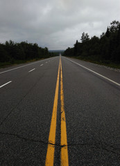 Typical Canadian road. Straight with yellow and white lines through the forest