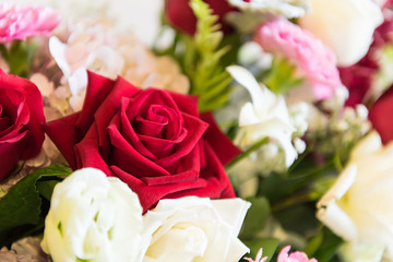 Red and white roses bouquets at weddings and celebrations, copy space.