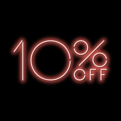 Neon sign 10% discount. A red neon sign on a black background. Vector illustration.