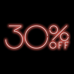 Neon sign 30% discount. A red neon sign on a black background. Vector illustration.