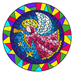 Illustration in stained glass style with an abstract angel in pink robe blowing pipe , round picture frame in bright
