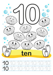 Coloring printable worksheet for kindergarten and preschool. We train to write numbers. Math exercises. Bright figures on a marine background. Number 10 and seashells