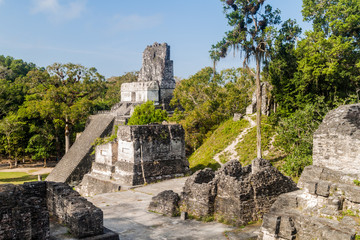 Fototapeta na wymiar Temple II and Gran Plaza at the archaeological site Tikal, Guatemala