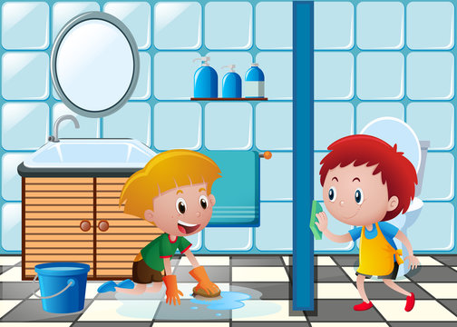 Two boys cleaning toilet