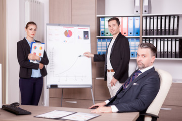 Business team at a meeting in office. Boss and his colleagues