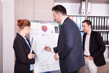 Older businessman explaining to his younger colleagues economics on white board. Boss and his colleagues