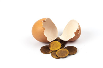 Gold coin from broken egg shell on white background