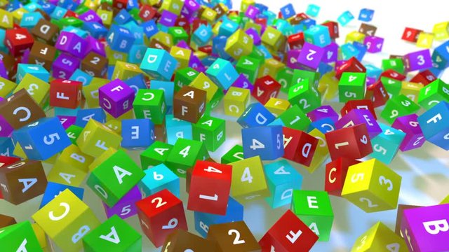 Scattering colorful toy cubes 3D animation