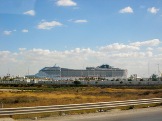 Cruise ship moored off the coast of Tunisia in the Mediterranean Sea
