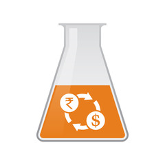 Isolated chemical flask with  a rupee and dollar exchange sign