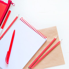 School or office supplies on the table. Study or business concept. Square image.