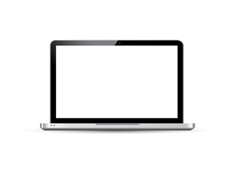 Laptop white screen. Pc silver monitor. Blank notebook screen. Digital business technology object. Desktop computer