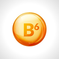 Vitamin b6 pill icon. Pyridoxine nutrition care. Gold drop essence. Isolated golden vector symbol of b6 vitamin medicine