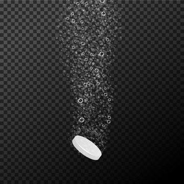 Vector fizzy drug background. Vitamin tablet with bubble trace in water. Transparent isolated water medicine for health. Painkiller pill
