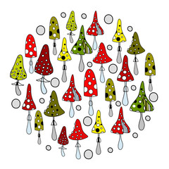 cartoon amanita mushrooms ring. Colorful illustration