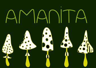 cartoon amanita mushrooms vector art o a green background. Colorful illustration