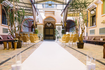 Wedding ceremony in white, violet, blue, pink colors