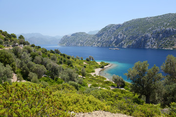 Fototapeta na wymiar view of Camellia island in Hisaronu Bay, Aegean sea, Turkey