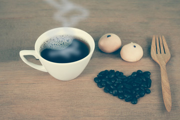 hot coffee mug on wood.