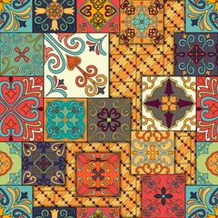 Foto auf Acrylglas Seamless pattern with portuguese tiles in talavera style. Azulejo, moroccan, mexican ornaments. © somber