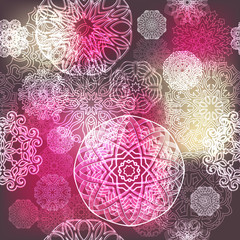 Ornate floral seamless texture, endless pattern with glowing bright mandala elements