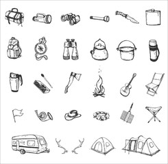 hand drawn camping isolated attribute set of hiking icon with silhouettes of tent, trailers, ax, map, bonfire etc