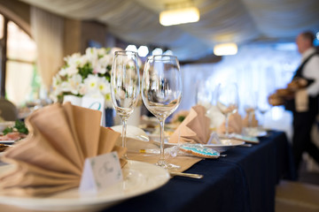 Wine glasses on the holiday table.
