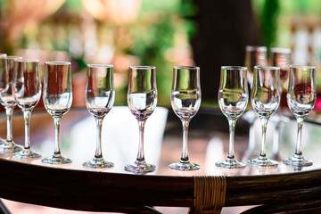 Arrangement of glasses for wine and champagne.