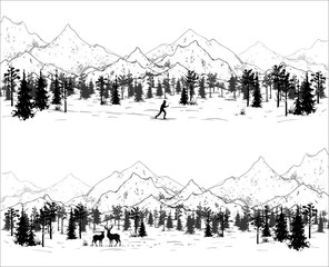 hand drawn landscape with mountains, forest and skier and deers